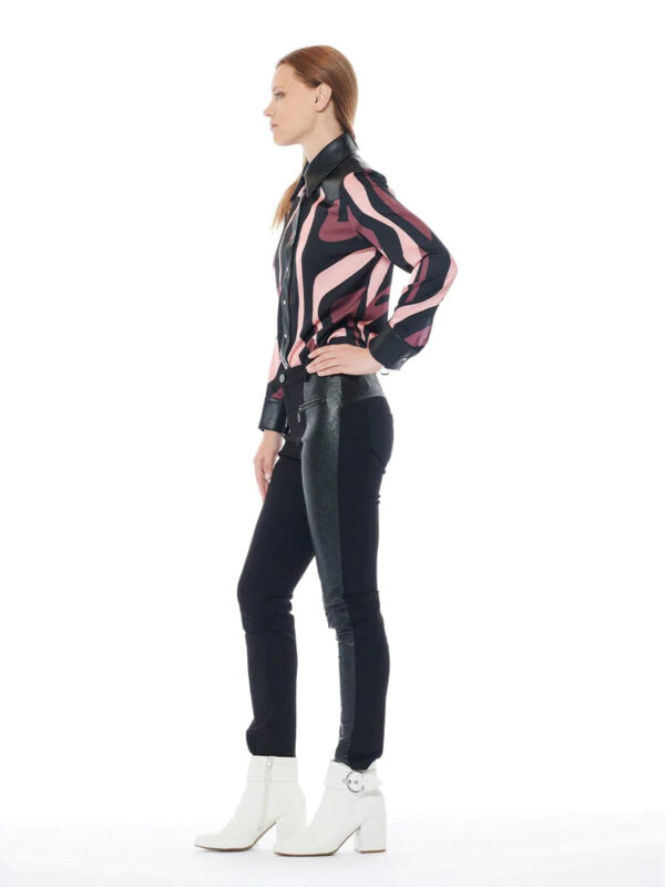 Gracia Printed  Pleather Spliced Button Down Top - Image 3