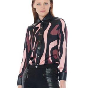 Gracia Printed  Pleather Spliced Button Down Top