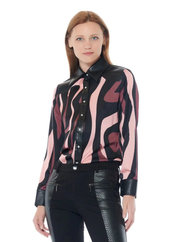 Gracia Printed  Pleather Spliced Button Down Top